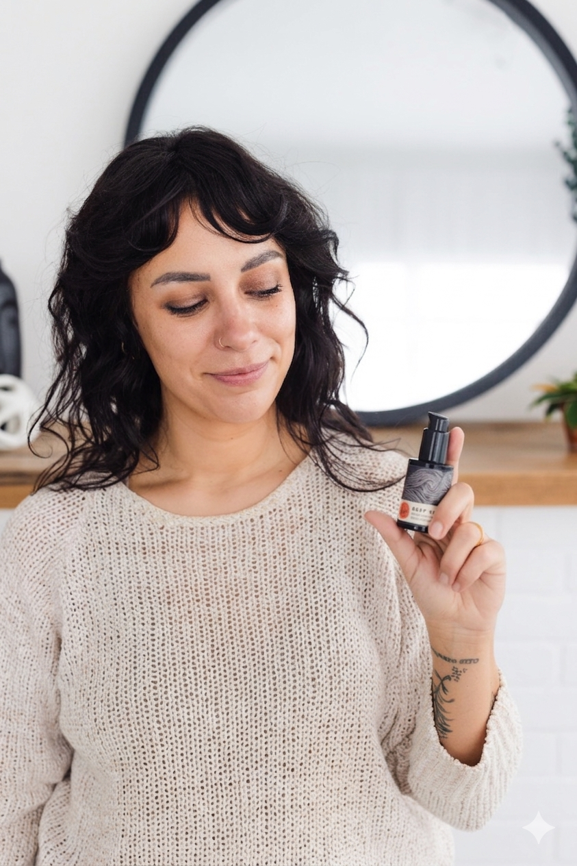 Stark Skincare founder Jess holding bottle of her product.